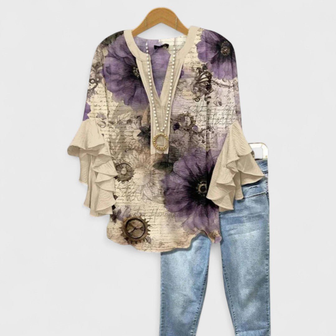 Sommerbluse Damen floral V-Ausschnitt Rüschenärmel – Bild 6