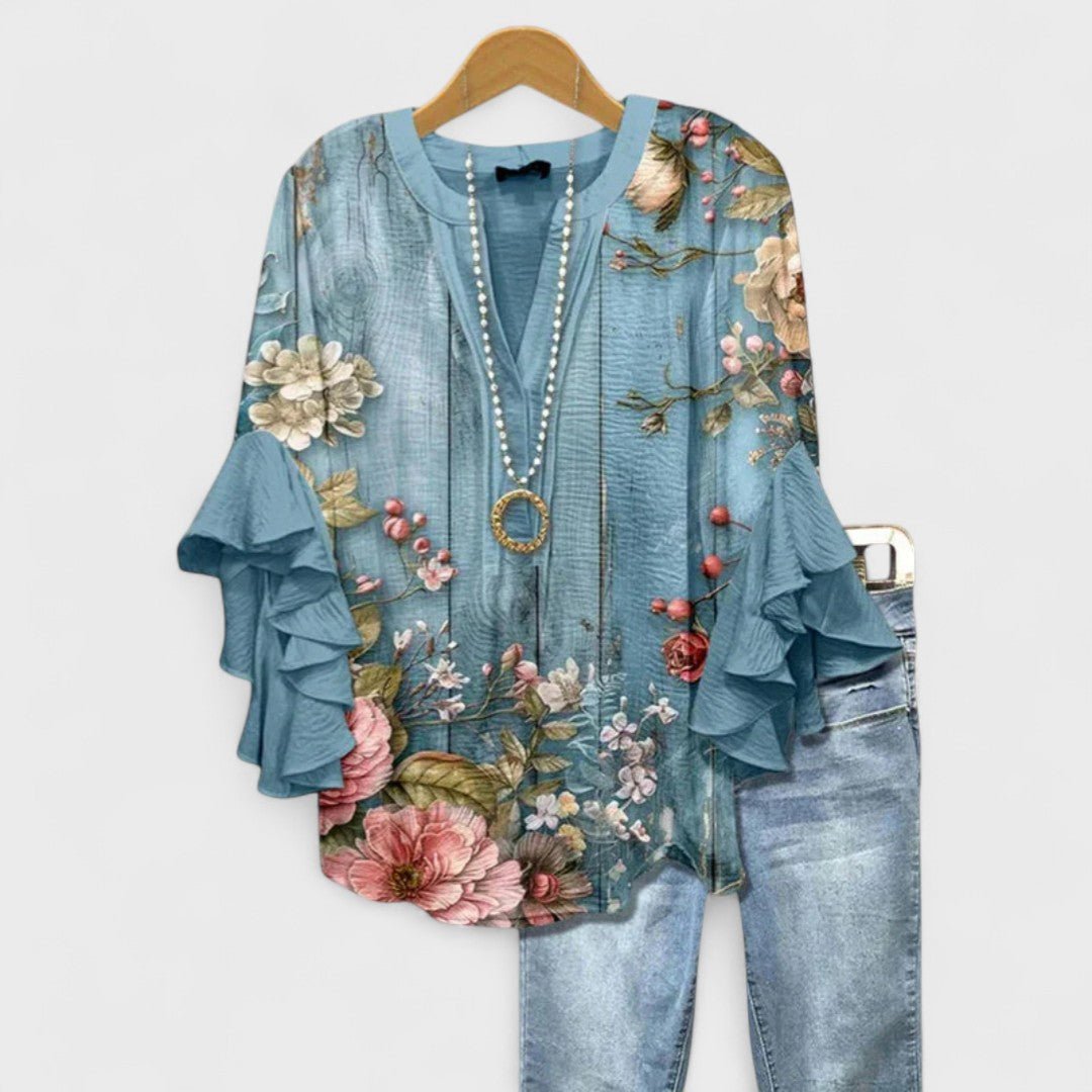 Sommerbluse Damen floral V-Ausschnitt Rüschenärmel – Bild 7