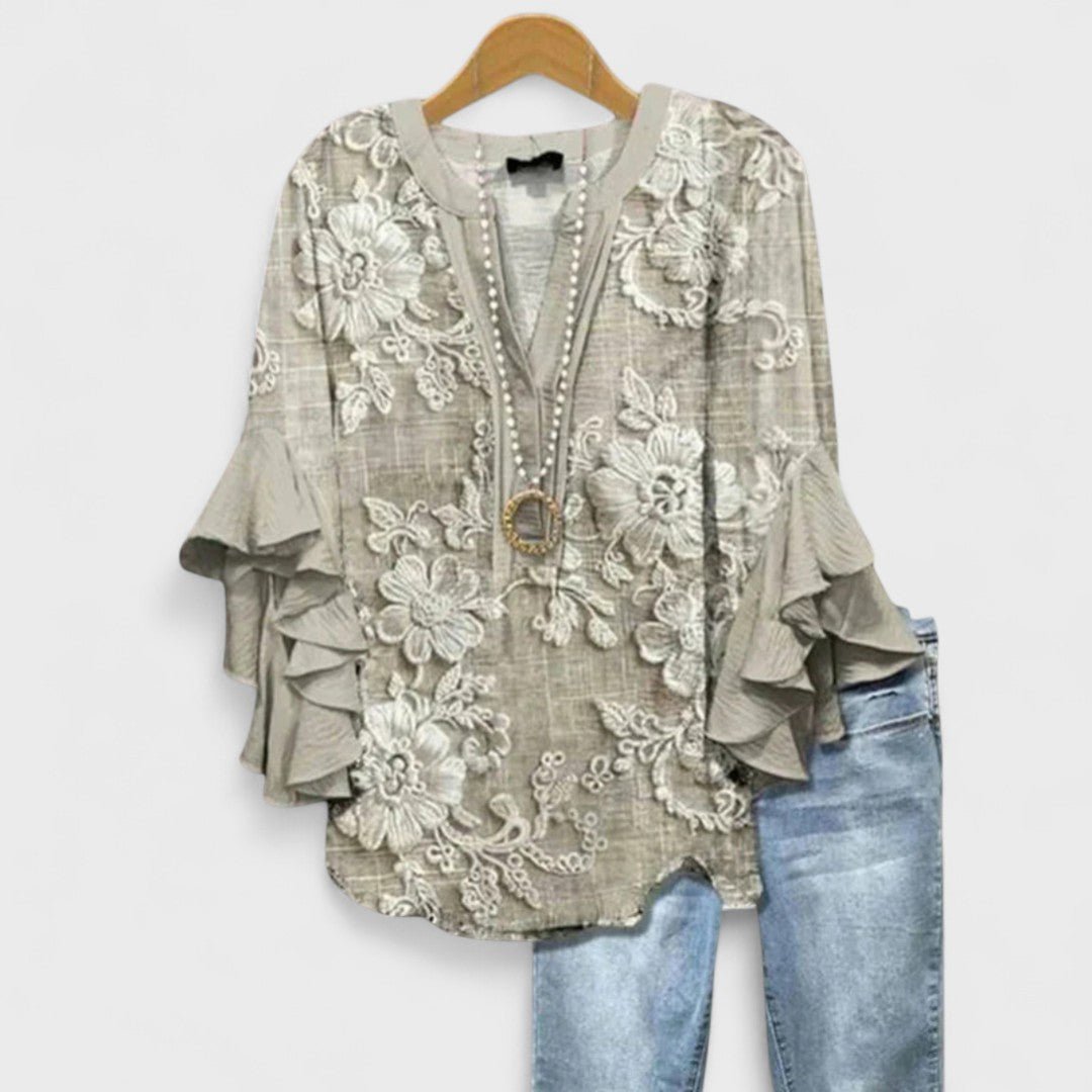 Sommerbluse Damen floral V-Ausschnitt Rüschenärmel – Bild 8