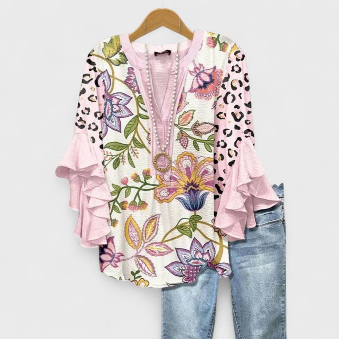 Sommerbluse Damen floral V-Ausschnitt Rüschenärmel – Bild 9