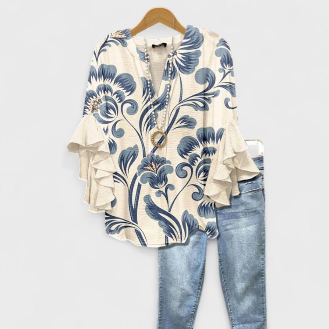Sommerbluse Damen floral V-Ausschnitt Rüschenärmel