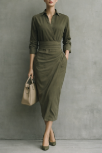 Damen Wickelkleid Grün Midikleid Hemdkragen Langarm