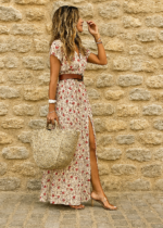 Sommerkleid Damen Paisley Lang Rundhals Gürtel