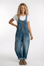 Damen Latzhose Denim Weites Bein Praktische Taschen