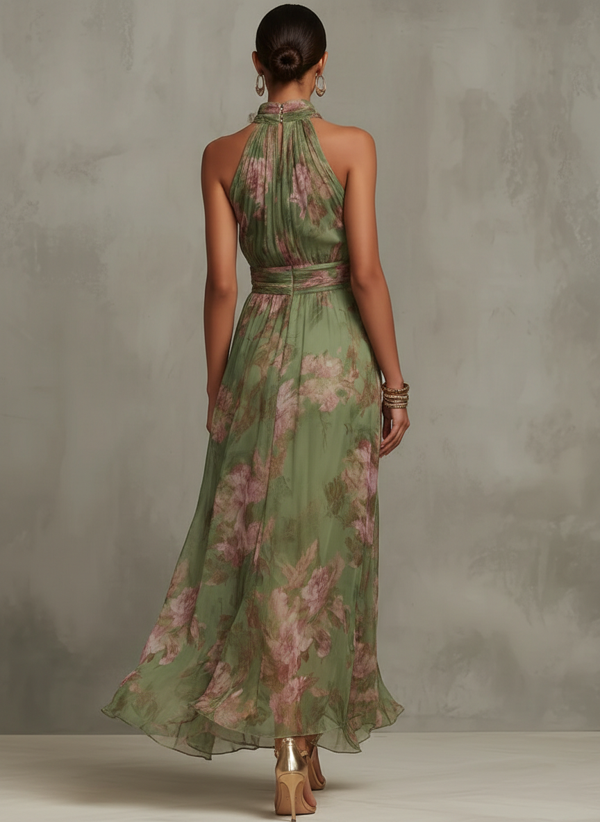 Blumenkleid Neckholder Sommer Grün | Fließende Passform – Bild 2