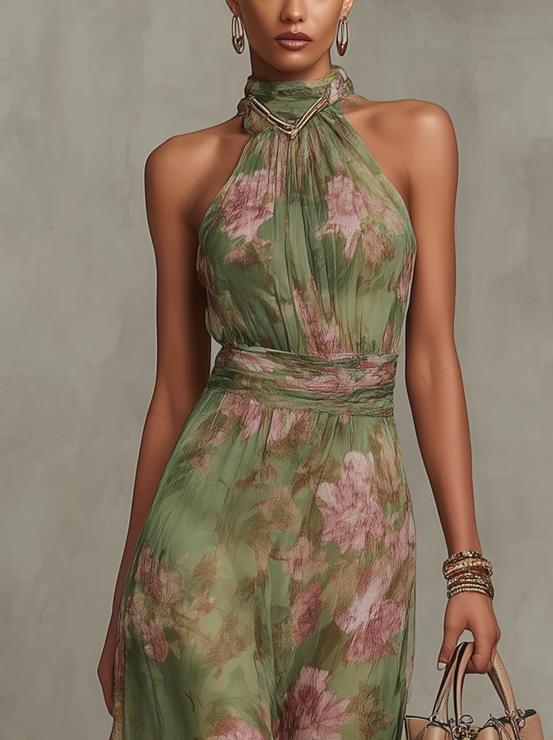 Blumenkleid Neckholder Sommer Grün | Fließende Passform – Bild 3