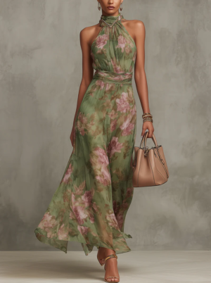 Blumenkleid Neckholder Sommer Grün | Fließende Passform