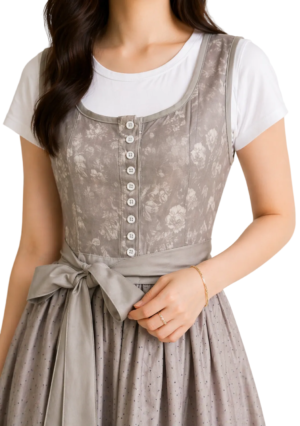Damen Dirndl Trachtenkleid Grau Spitzenärmel