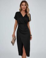 Schwarzes Midi Wickelkleid Damen – Cocktail & Hochzeitsgast