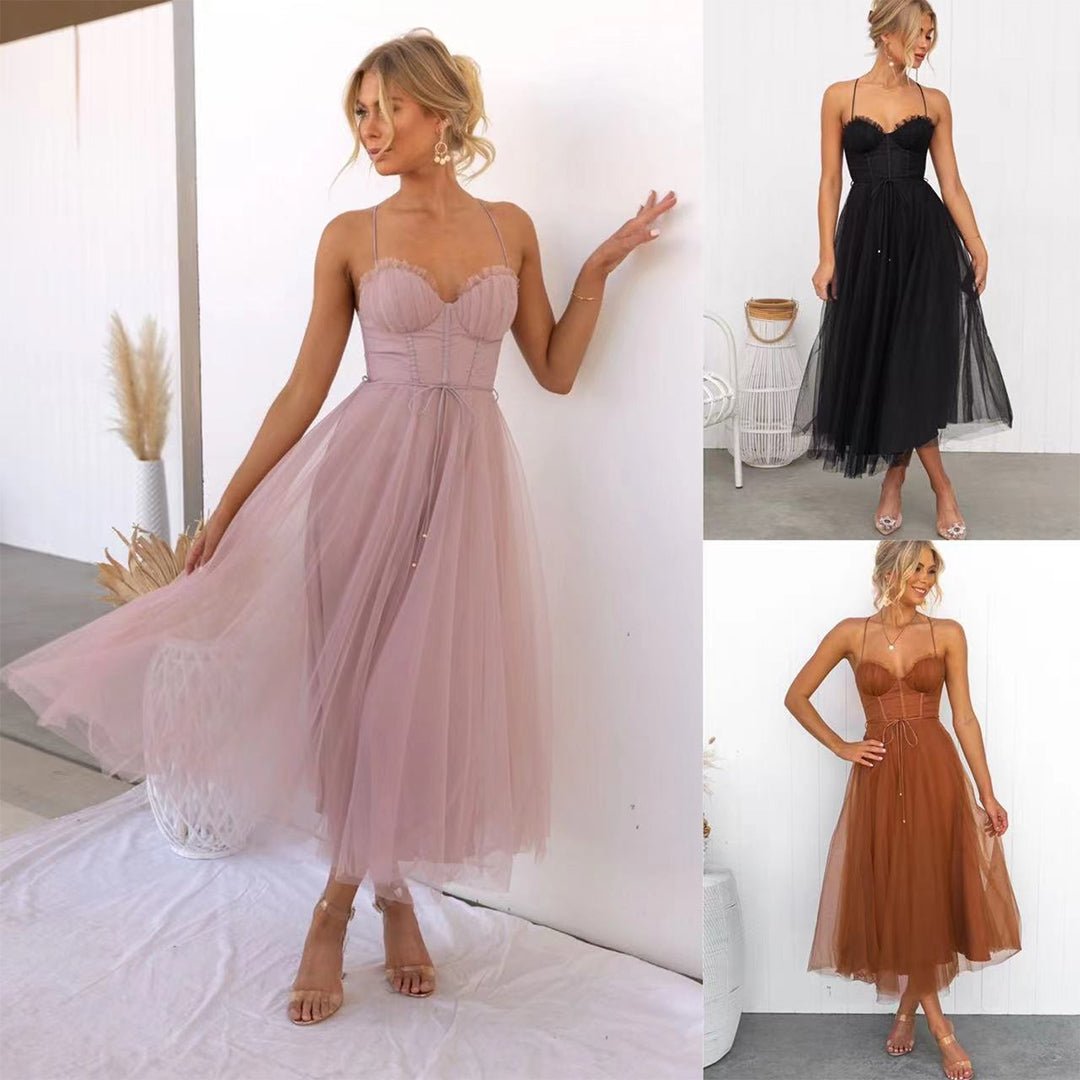 Damen Kleid Spaghettiträger Midi Definierte Taille – Bild 10