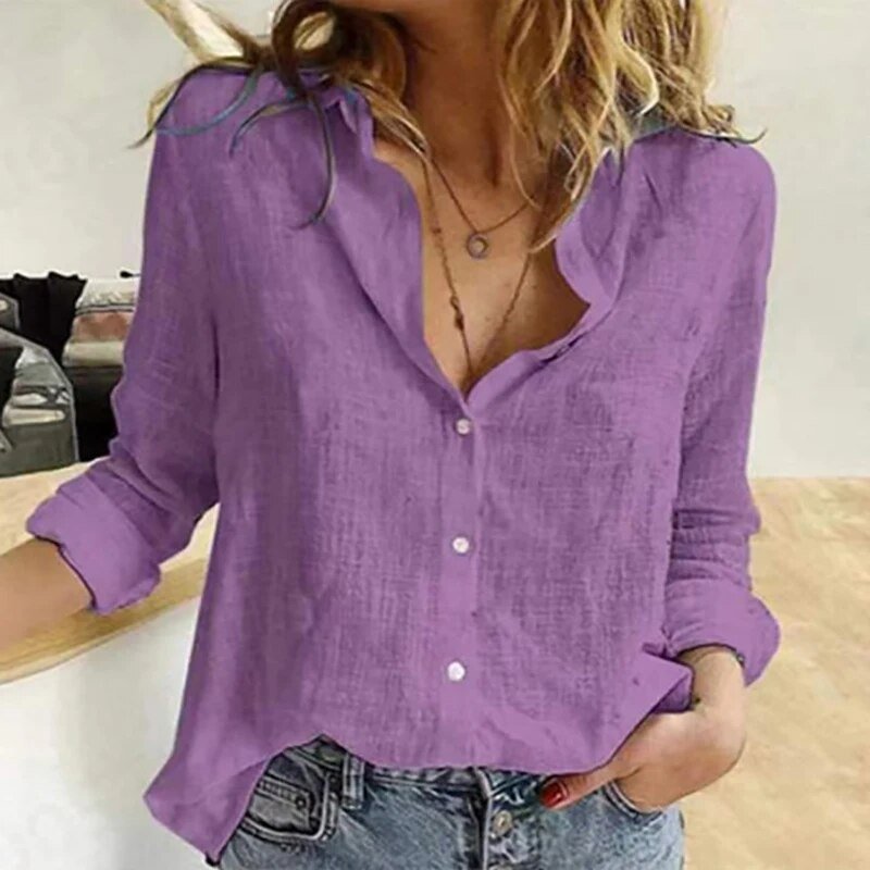 Damen Leinenbluse Knopfleiste lockere Passform – Bild 8