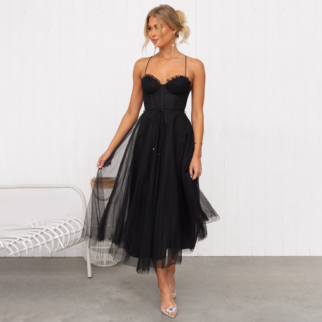 Damen Kleid Spaghettiträger Midi Definierte Taille – Bild 3