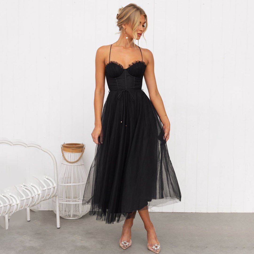 Damen Kleid Spaghettiträger Midi Definierte Taille – Bild 6