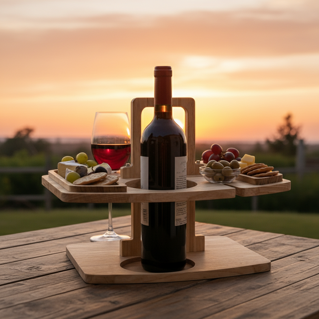 Picknicktisch Naturholz kompakt mit Weinhalter 30x24 cm