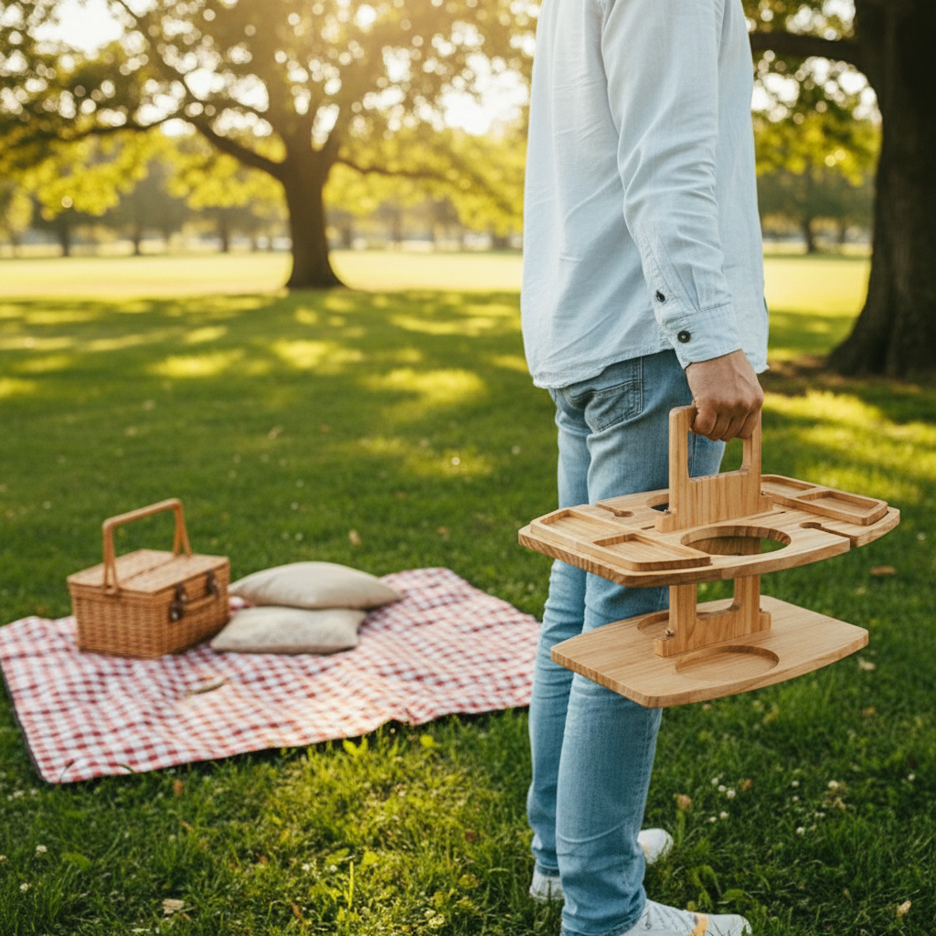 Picknicktisch Naturholz kompakt mit Weinhalter 30x24 cm – Bild 7