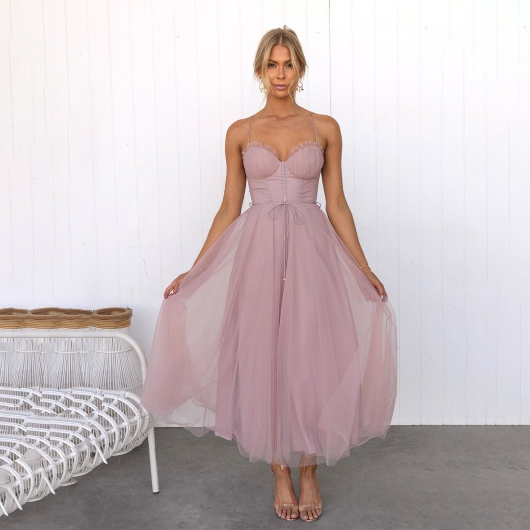 Damen Kleid Spaghettiträger Midi Definierte Taille – Bild 5