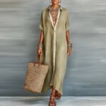 Damen Hemdblusenkleid Baumwoll-Leinen Leicht Atmungsaktiv