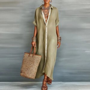 Damen Hemdblusenkleid Baumwoll-Leinen Leicht Atmungsaktiv