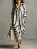 Hemdblusenkleid Damen Leinenmischung Gestreift V-Ausschnitt