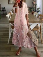 Damenkleid Maxi Blumenmuster V-Ausschnitt Halbarm