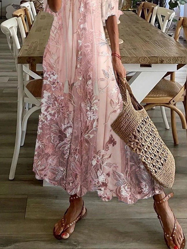 Damenkleid Maxi Blumenmuster V-Ausschnitt Halbarm – Bild 3