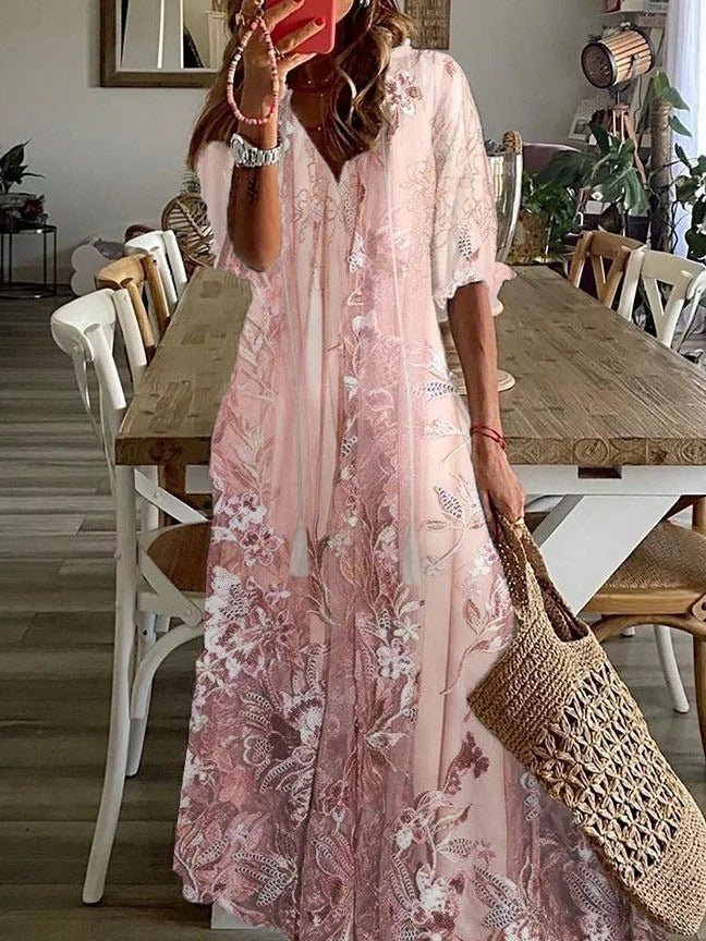 Damenkleid Maxi Blumenmuster V-Ausschnitt Halbarm – Bild 2
