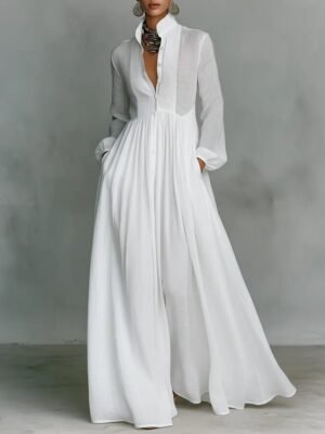 Damen Maxi Kleid Baumwoll-Leinen Patchwork Design