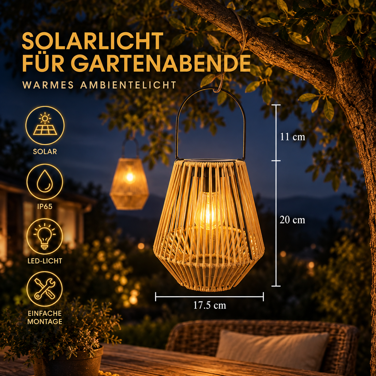 Solar Laterne handgeflochten wetterfest Garten – Bild 2