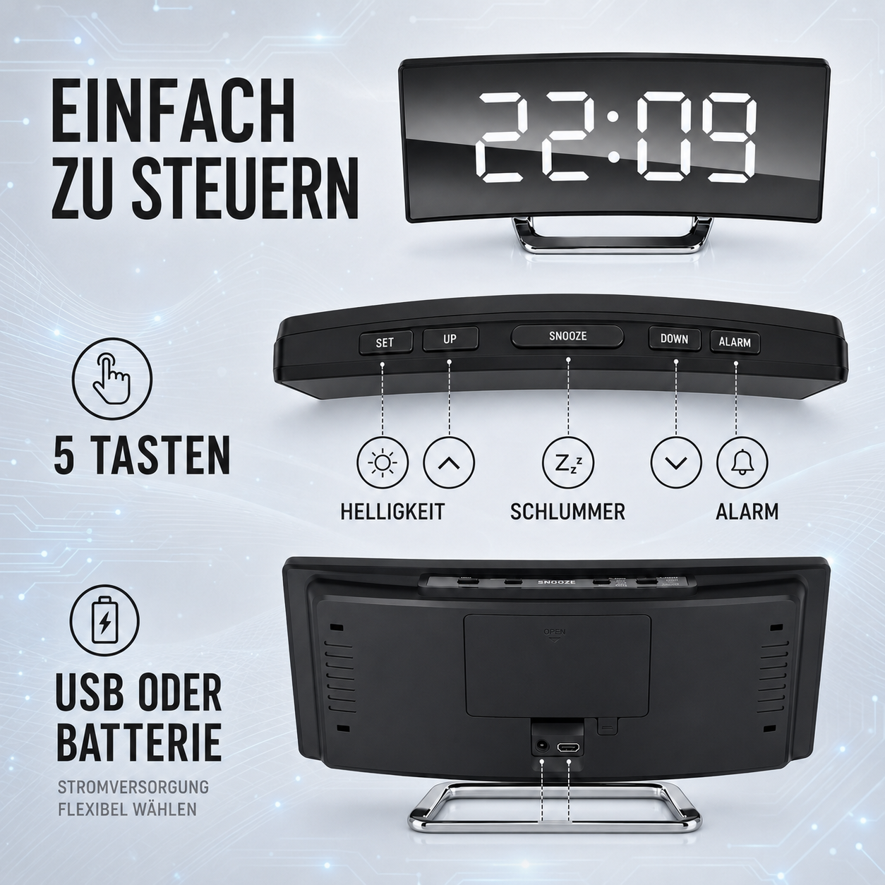 Digitaler Wecker mit Umgebungslichtsensor & gebogenem Display – Bild 7