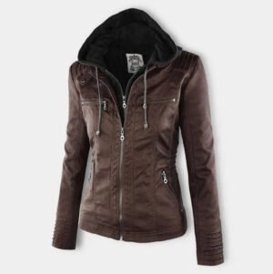 Damen Bikerjacke Kunstleder mit Kordelzug-Kapuze & Taschen