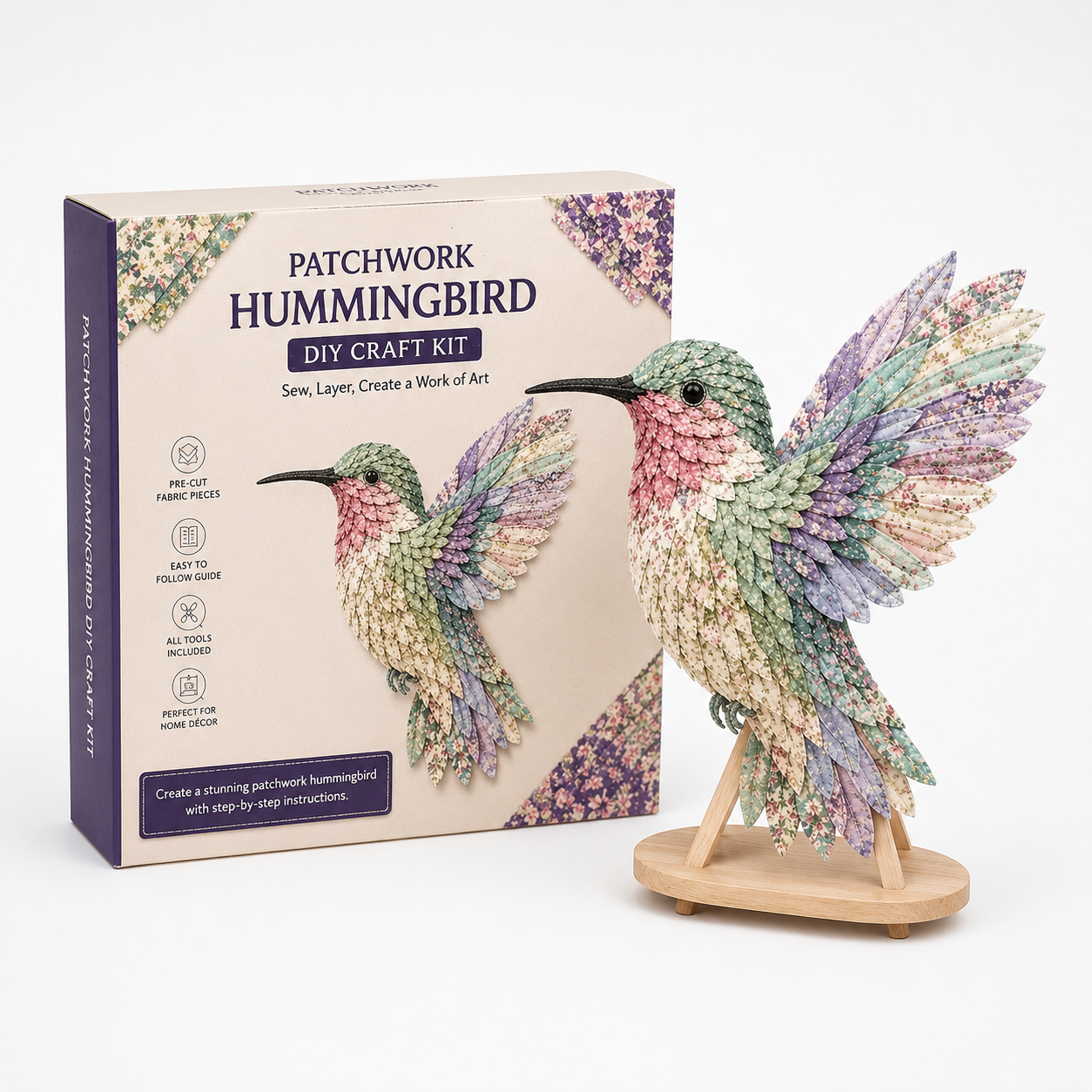 Bastelset Kolibri 3D Patchwork Stoffvogel mit Ständer – Bild 2