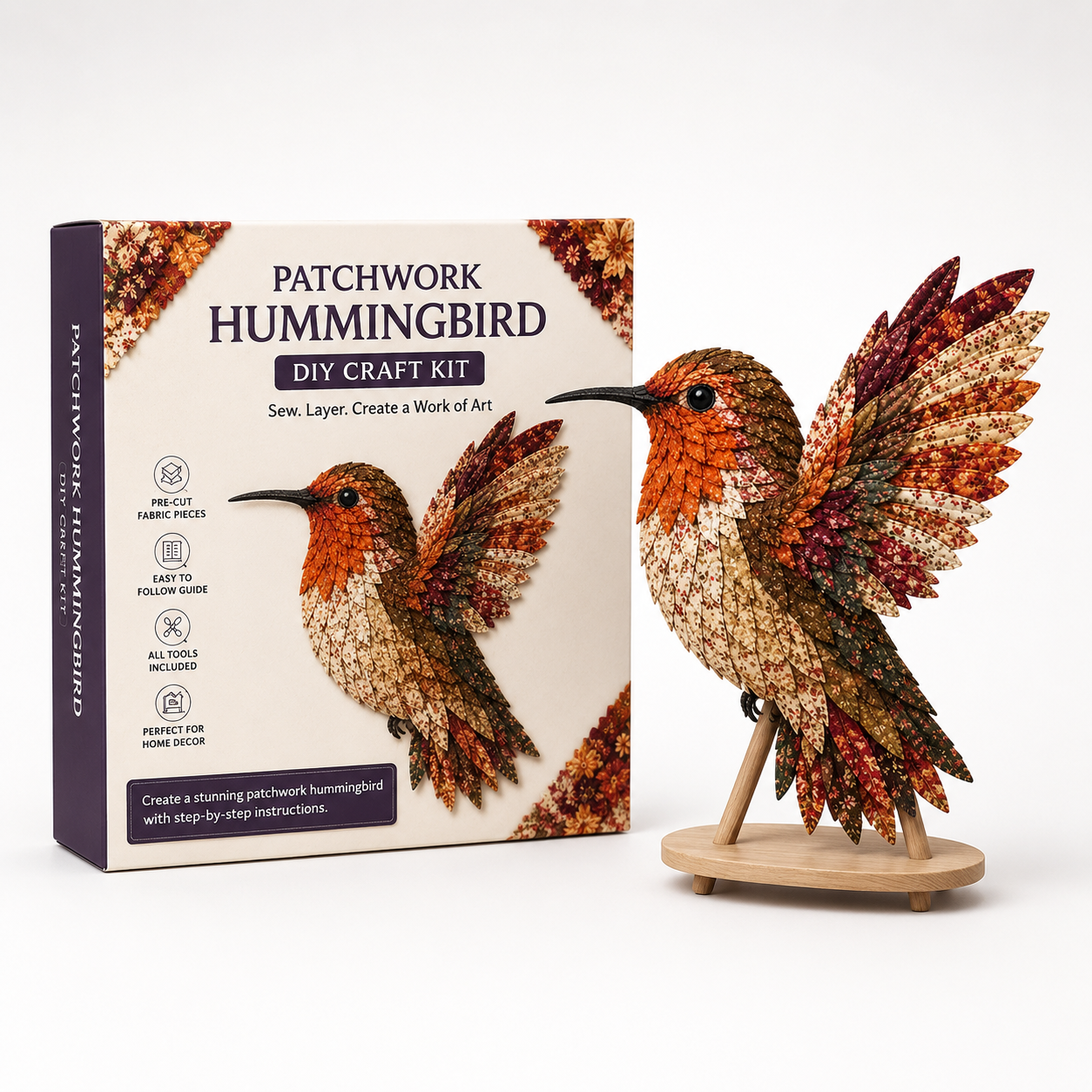 Bastelset Kolibri 3D Patchwork Stoffvogel mit Ständer – Bild 4