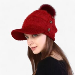 Damen Strickmütze wärmend weich mit Schirm Bommel