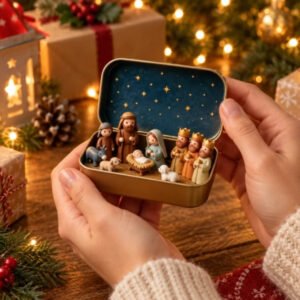 Krippe im Edelstahl-Kästchen | Kompaktes Weihnachtsgeschenk