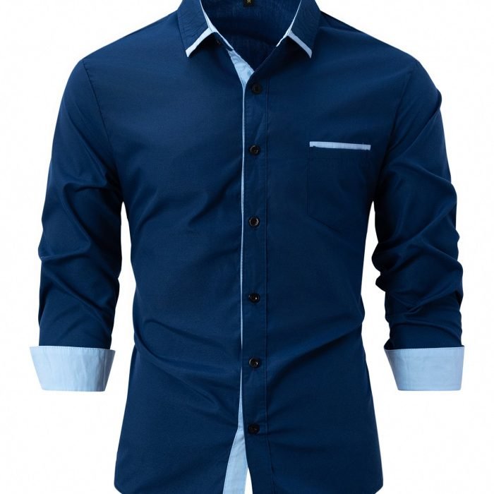 Dunkelblaues Herrenhemd mit langen Ärmeln, kontrastierenden hellblauen Manschetten und Kragen, Knopfleiste, Brusttasche. Elegante Herrenmode.