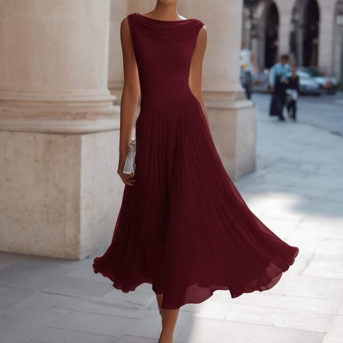 draped-cowl-neck-sleeveless-pleated-midi-dress-elegant-formal-wedding-guest-dress-fit-overview