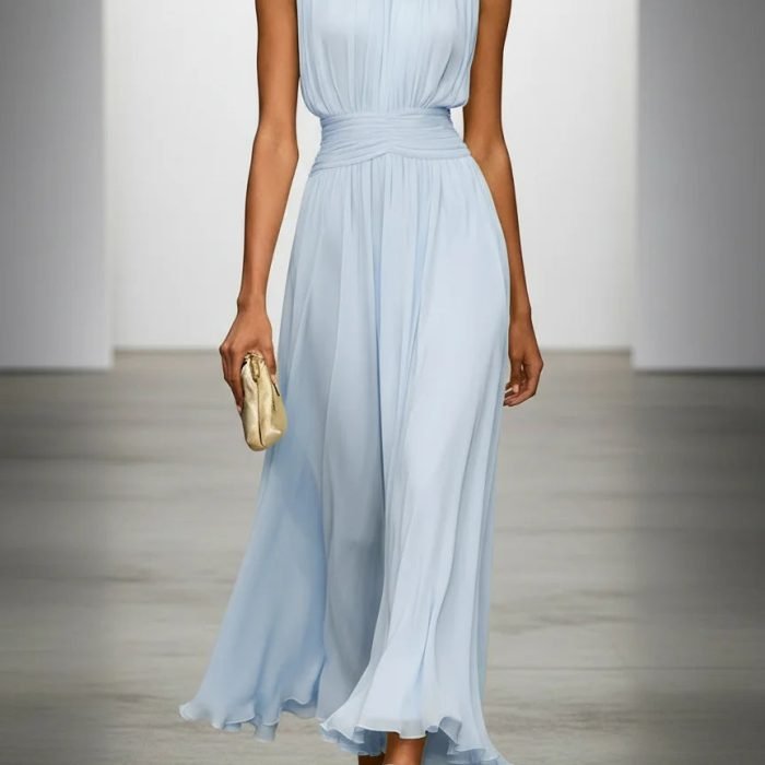 ruched-chiffon-crew-neck-sleeveless-a-line-maxi-dress-for-women-model-wearing